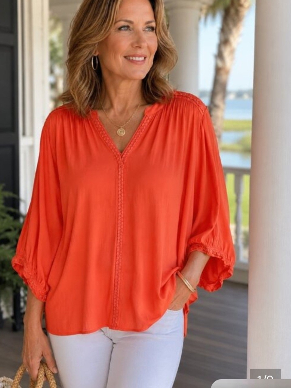 Chico's Bright Orange/Coral V-Neck Braided-Trim Top